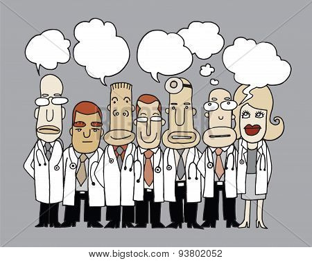 Team Of  Doctors Stand And Talk In Speech Bubbles