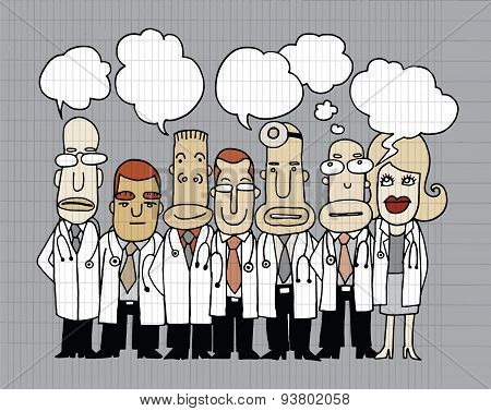 Team Of  Doctors Stand And Talk In Speech Bubbles