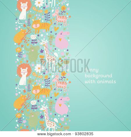 Lovely childish seamless pattern with lion, tiger, zebra, hippopotamus, koala and elephant. Can be used for pattern fills, web page backgrounds, surface textures. Great for children bedroom wallpaper
