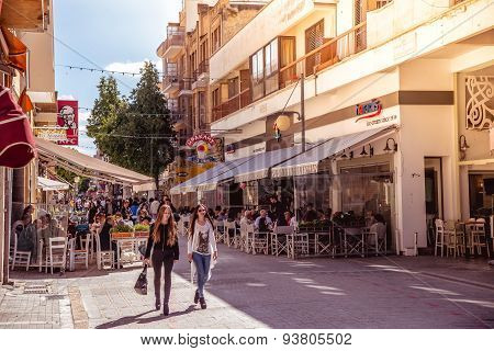 NICOSIA - APRIL 13 : People walking on Ledra street on April 13 2015 in Nicosia Cyprus. It is is a major shopping thoroughfare in central Nicosia