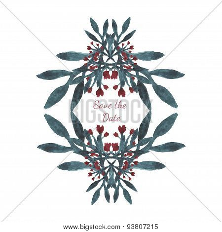 Watercolor vector color wedding invitation with floral frame.Beautiful card with hand drawn watercolor heart flowers. Save te date