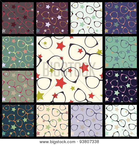 Set of vector seamless patterns with glasses