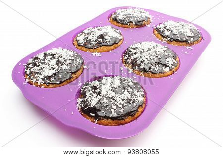 Fresh Baked Carrot Muffins In Silicone Mold And Chocolate