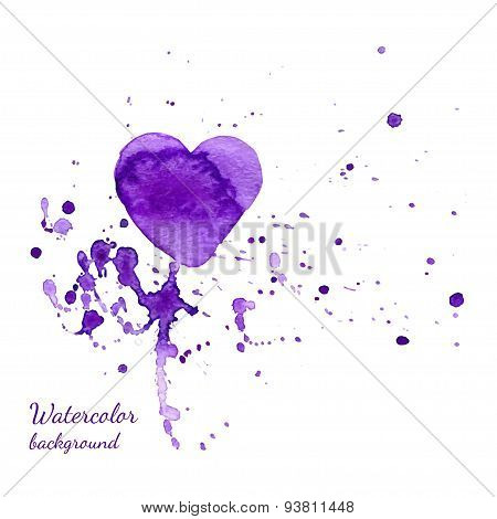 Watercolor Valentines Day Heart with a hand-drawn painted violet watercolor heart with violet and pi
