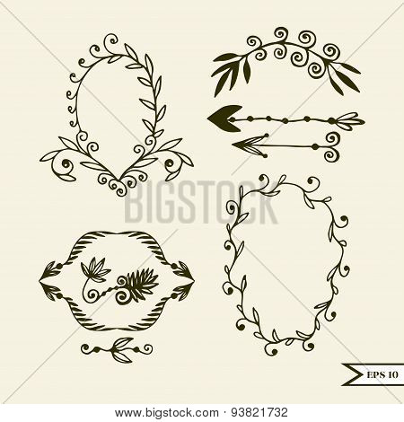 Hand drawn vector set of vintage design elements for wedding greting card poster. Vector set