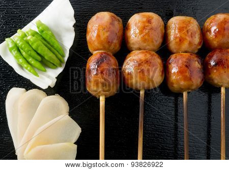 Delicious Thai Style Grilled Sausages On Bamboo Skewer