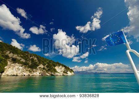 View of beautiful beach and sea from tourist boat, Zakynthos  island, Greece