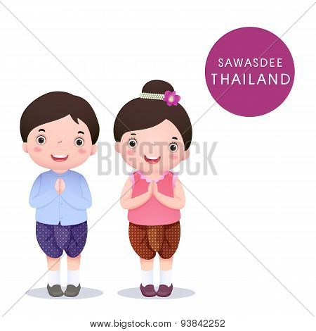 Cartoon Thai Kids In Traditional Costume And Sawasdee