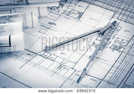 rolls of architecture blueprints and house plans