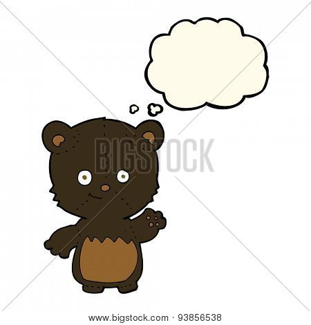 cartoon black bearcub waving with thought bubble