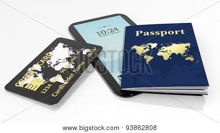 Passport, credit card and tablet/smartphone isolated on white background