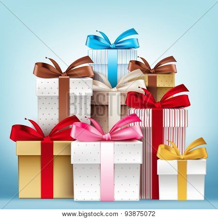 Realistic 3D Collection of Colorful Pattern Gift Box with Ribbon