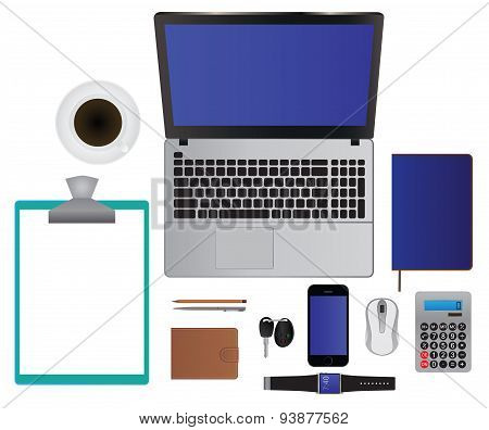 Business/office Set: Laptop, Smartphone, Notebook, Pencil, Pen, Etc. Top View.