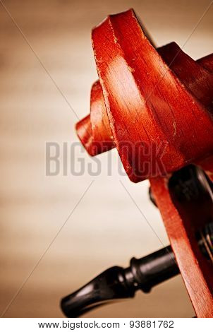 Close Up Of Violin Scroll In Front Of Sheet Music