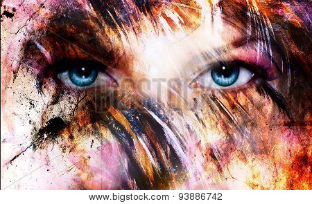 Beautiful Blue Women Eyes Beaming, Color Feathers Effect, Painting Collage, Phoenix Makeup.