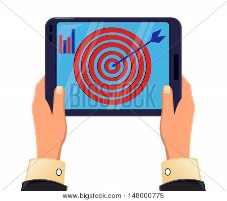 Tablet in man's hands. Objective reached. Icon modern technologies. Vector illustration