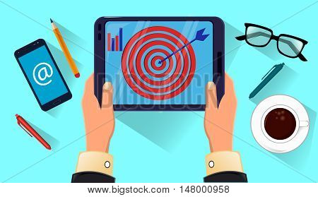 Tablet in man's hands. Coffe glasses smartphone on the table. Icon modern technologies. Vector stock illustration