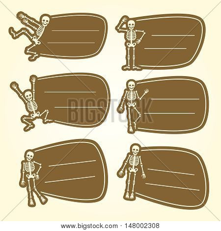 Dansing skeletons teenager stickers icons set. Vector illustration