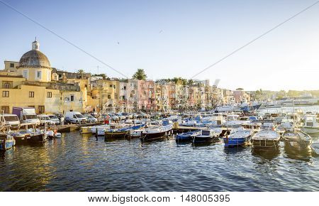 Marina Grande harbor on Procida island in Campania Italy