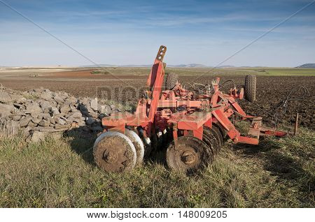 Close up of a disk ripper in the field