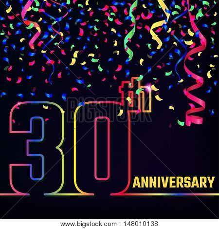 Vector Illustration of Anniversary 30th Outline for Design, Website, Background, Banner. Jubilee silhouette Element Template for festive greeting card. Shiny gold Confetti celebration