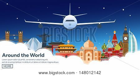 Flat Vector Web Banners On The Theme Of Travel By Airplane, Vacation, Adventure. Flight In The Strat