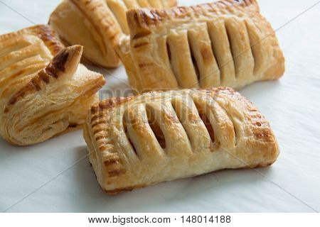 Close view of puff pastry with filling