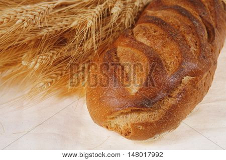 bunch of mown wheat ears with vintage handmade reaper hook sickle and rye dark white french fresh bread loaf on light linen tablecloth