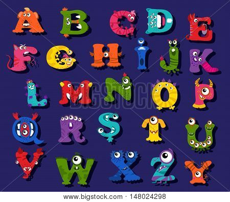 Halloween funny alphabet for children vector. Alphabet with character monsters and illustration alphabet for education kid