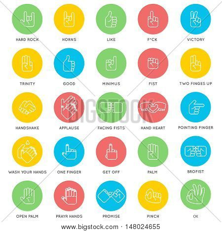 Hands signs. Stop hand and wash your hands, pointing hand and OK. Vector illustration