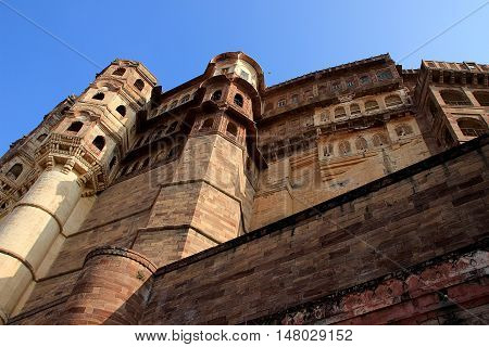 Portion of mighty Meharongarh Fort in Jodhpur viewed from bottom Rajasthan India Asia