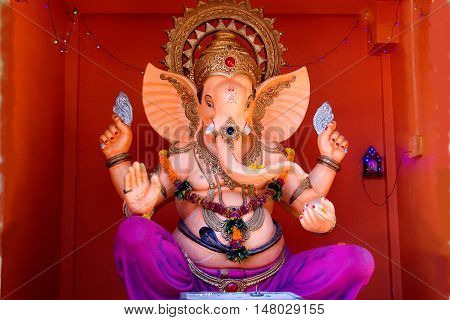 Large decorative painted statue of Lord Ganesha at Nasik in Maharashtra India Asia