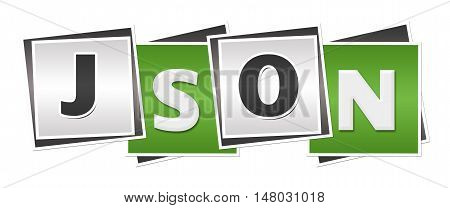 JSON text written over colorful green grey background.