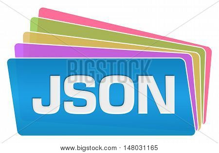 JSON text written over colorful blue background.