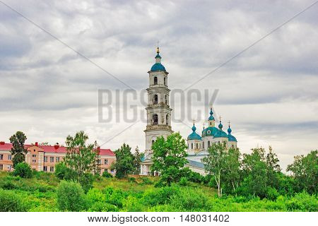View of the bell tower of the Cathedral of of Our Saviour in Yelabuga. Russia