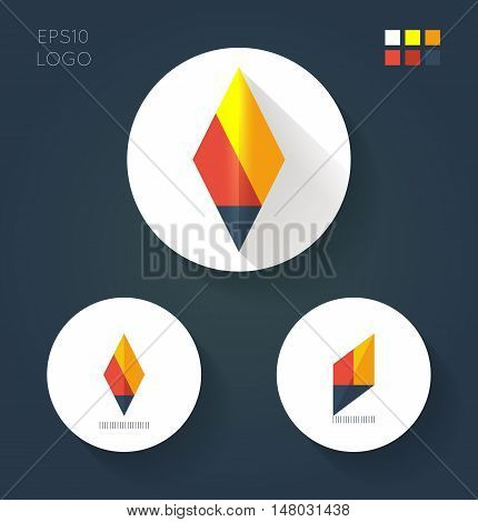 Flat style logo variantes for minimalistic fire torch in white circles. Basic elements with color palette of corporate identity. Vector illustration.