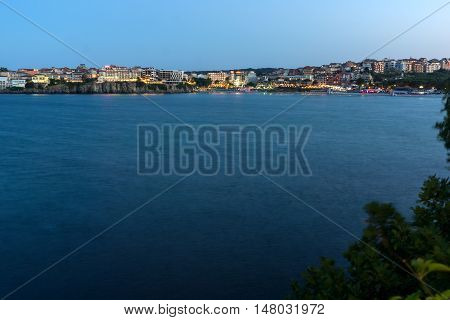 Twinlight view of beach and new part of Sozopol, Burgas Region, Bulgaria