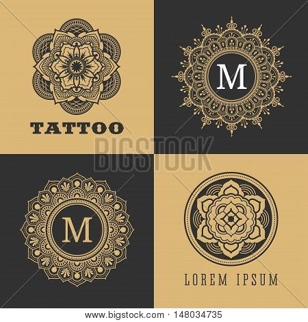 Vintage luxury floral sign and frame for tattoo monogram logo and decorative design element. Vector illustration