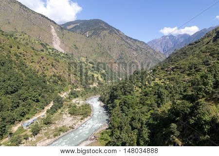 Green landscape with the Marsyangdi river on the Annapurna Circuit in Nepal