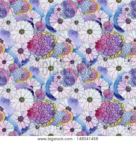 Seamless floral pattern with asters and daisy flowers. Floral watercolor background.