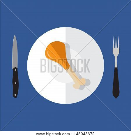 vector illustration of chicken leg on plate isolated on bright background .Flat design colored
