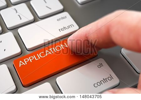 Man Finger Pressing Orange Application Key on Slim Aluminum Keyboard. 3D Render.