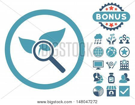 Explore Natural Drugs icon with bonus design elements. Vector illustration style is flat iconic bicolor symbols, cyan and blue colors, white background.