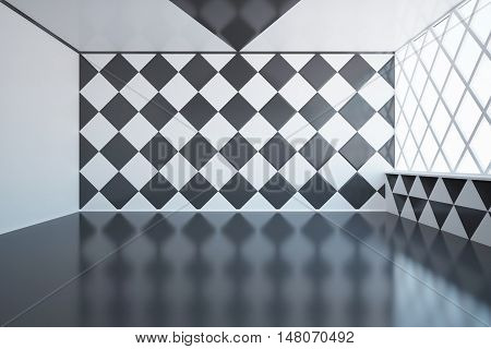 Abstract empty interior design with chessboard/diamond-patterned wall and windows with daylight. 3D Rendering