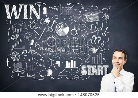 Thoughtful young businessman standing against blackboard with creative business sketch. Leadreship and success concept
