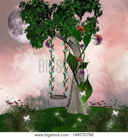 Fantasy swing near an enchanted tree on an hill