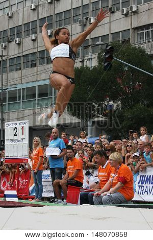 BELGRADE,SERBIA - SEPTEMBER 11 2016: Jazmin Sawyers jumping at long jump competition as promotion of European athletics indoors championship which will be held from 3-5.March 2017 in BelgradeSerbia