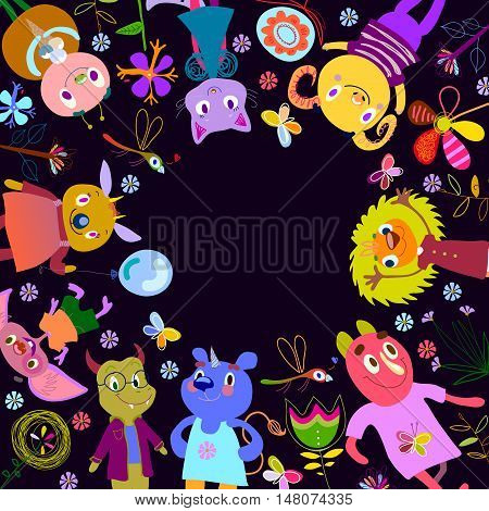 Monsters, fantastic flowers, butterflies, dragonflies. Funny Cartoon fantastic creatures. Cute fabulous incredible characters. Emotions, joy, party, birthday. Vector illustration with place for text.