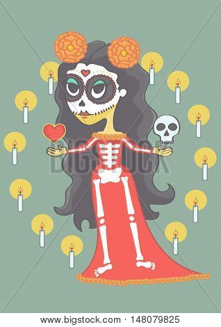 Colorful halloween girl in mexican day of death style. Vector cartoon of cute girl in sugar skull makeup.