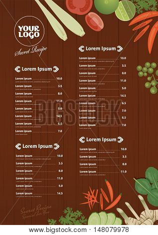 Thai foods restaurant menu template. Thai ingredients on wooden background